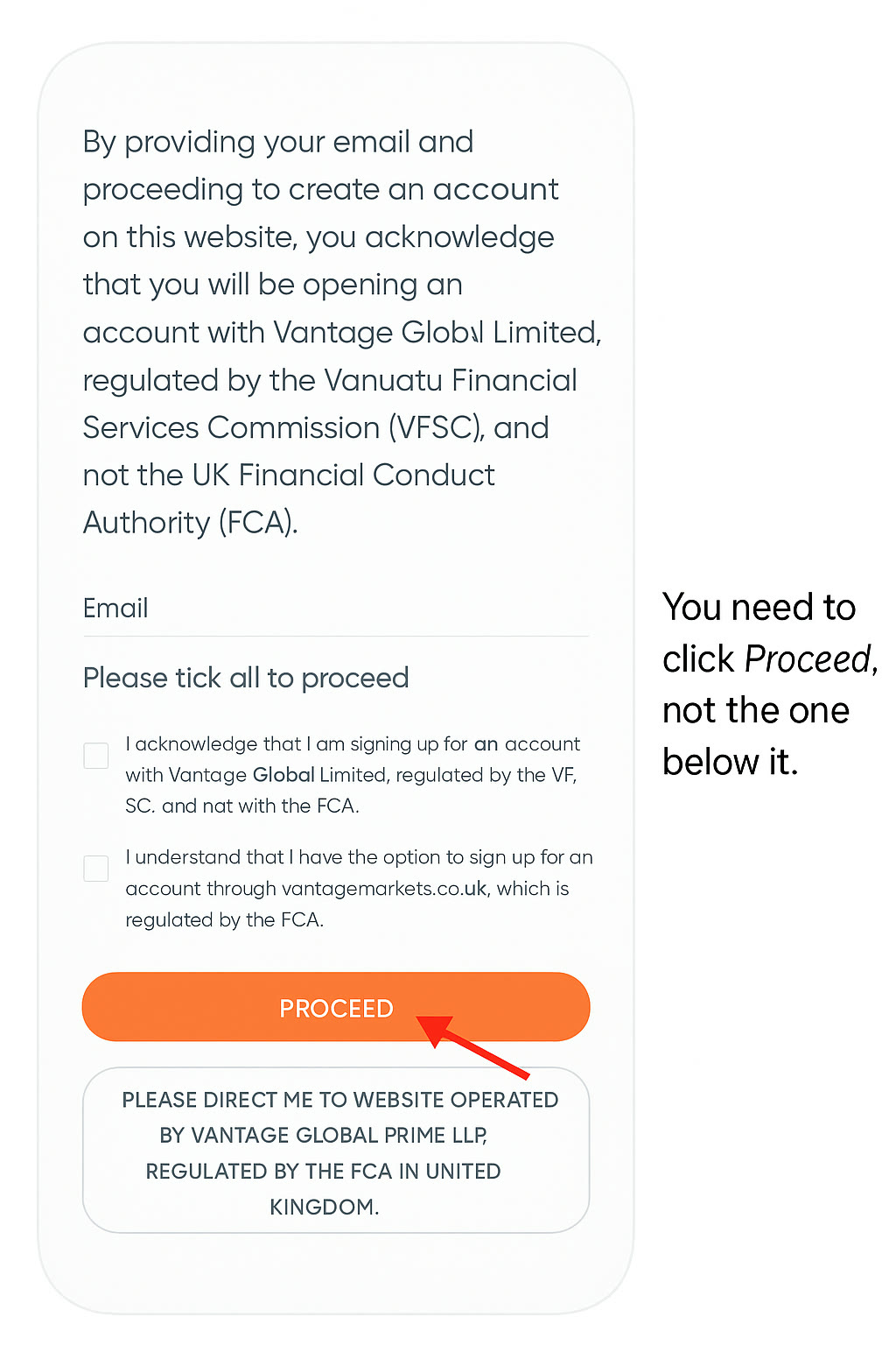 Vantage notice screen with the Proceed button highlighted